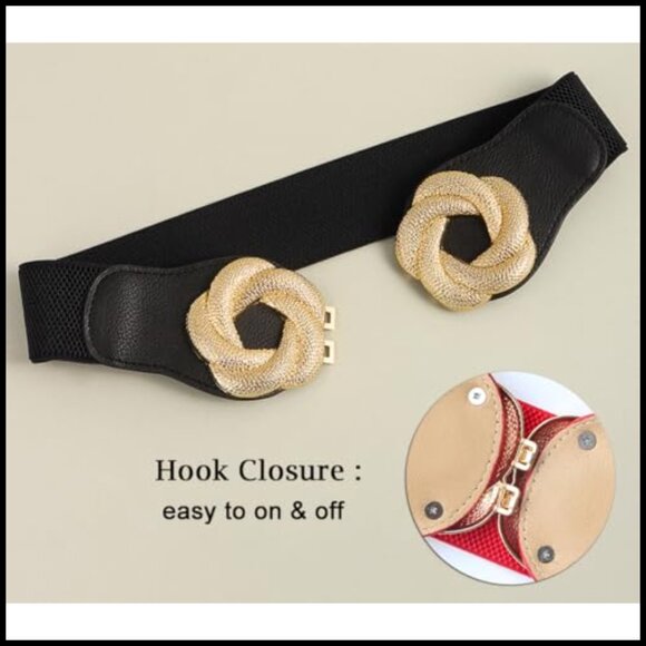 Gold Floral Buckle Wide Elastic Waist Belt Stretchy Dressy Fashion Adjustable main image 5